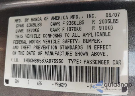 2007 Honda Accord 3.0 Ex из США, поврежденный, VIN 1HGCM66587A076966